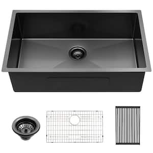 28 in. Undermount Single Bowl 16 Gauge Gunmetal Black Stainless Steel Kitchen Sink with Drying Rack