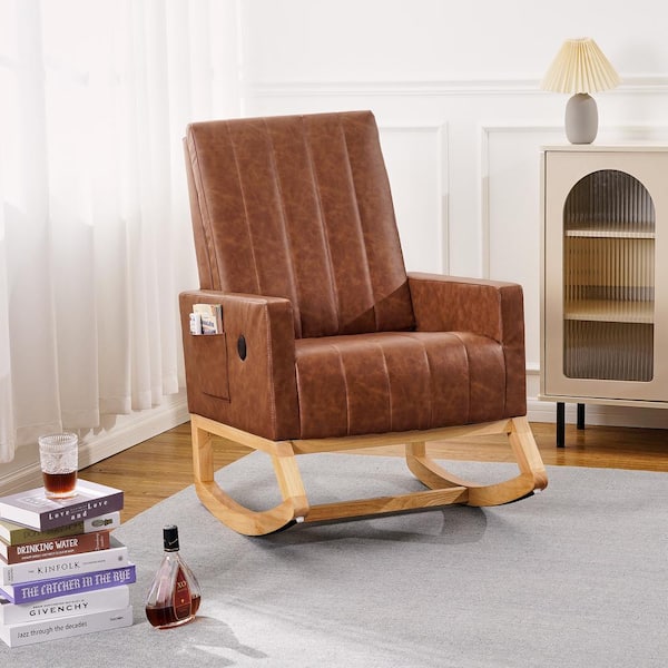 VECELO Ergonomic Wooden Rocking Chair with USB Charging - Perfect for Nurseries, Bedrooms and Living Spaces, Brown