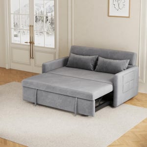 J&E Home 70 in. W Gray Velvet Full Size Convertible 2-Seat Sleeper Sofa ...
