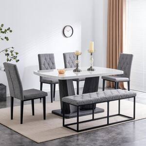 6-Piece Rectangle White Marbled MDF Veneers Top Dining Table Set Seats 4-6 with V-Shaped Base, 1 Bench, 4 Gray Chairs