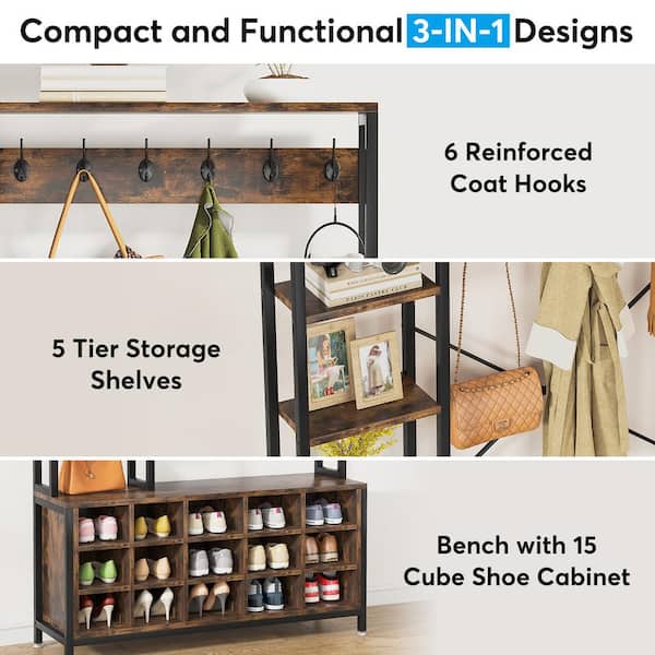 Coat and Shoe Rack, Hall Tree with 5-Tier Shoe Rack, 12 Pairs Shoe