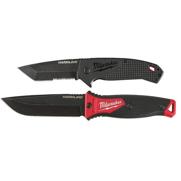 Milwaukee 3 in. Hardline D2 Steel Serrated Blade Pocket Folding Knife and 5 in. Hardline AUS 8 Steel Fixed Blade Knife (2-Piece)