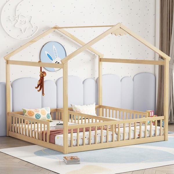 Harper & Bright Designs Natural Twin Size Wood Frame House-Shaped Double Kid Bed with Fence