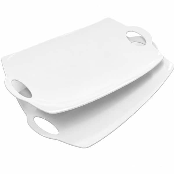 16 in. White Porcelain Rectangular Platter with Handles, Meat Serving Dish for Entertaining, Serving Platter (Set of 2)
