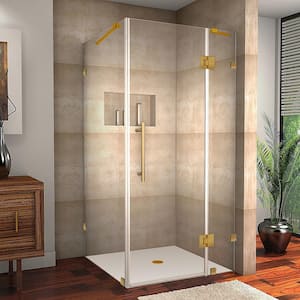 Avalux 34 in. x 36 in. x 72 in. Rectangular Pivot Frameless Corner Shower Enclosure in Brushed Gold with Clear Glass