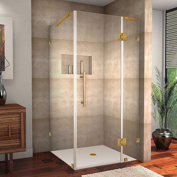 Aston Avalux 34 in. x 36 in. x 72 in. Rectangular Pivot Frameless Corner Shower Enclosure in Brushed Gold with Clear Glass