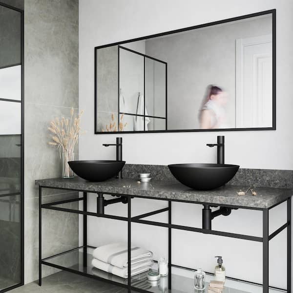 VIGO Matte Shell Cavalli Glass Round Vessel Bathroom Sink in Black with Gotham Faucet and Pop-Up Drain in Matte Black