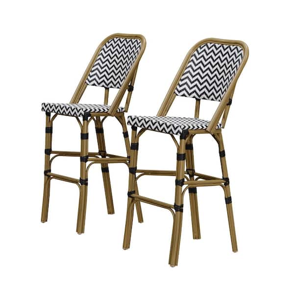 PURPLE LEAF French Bar Height Bamboo Print Finish Aluminum with Hand-Woven Rattan Outdoor Bar Stool, Black (2-Pack)