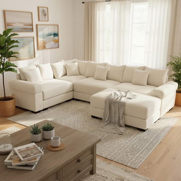 DDSMYS 116.9 in. Straight Arm 5-Piece Corduroy Modular Sectional Sofa with Ottoman and Ergonomic Design in Creamy Beige