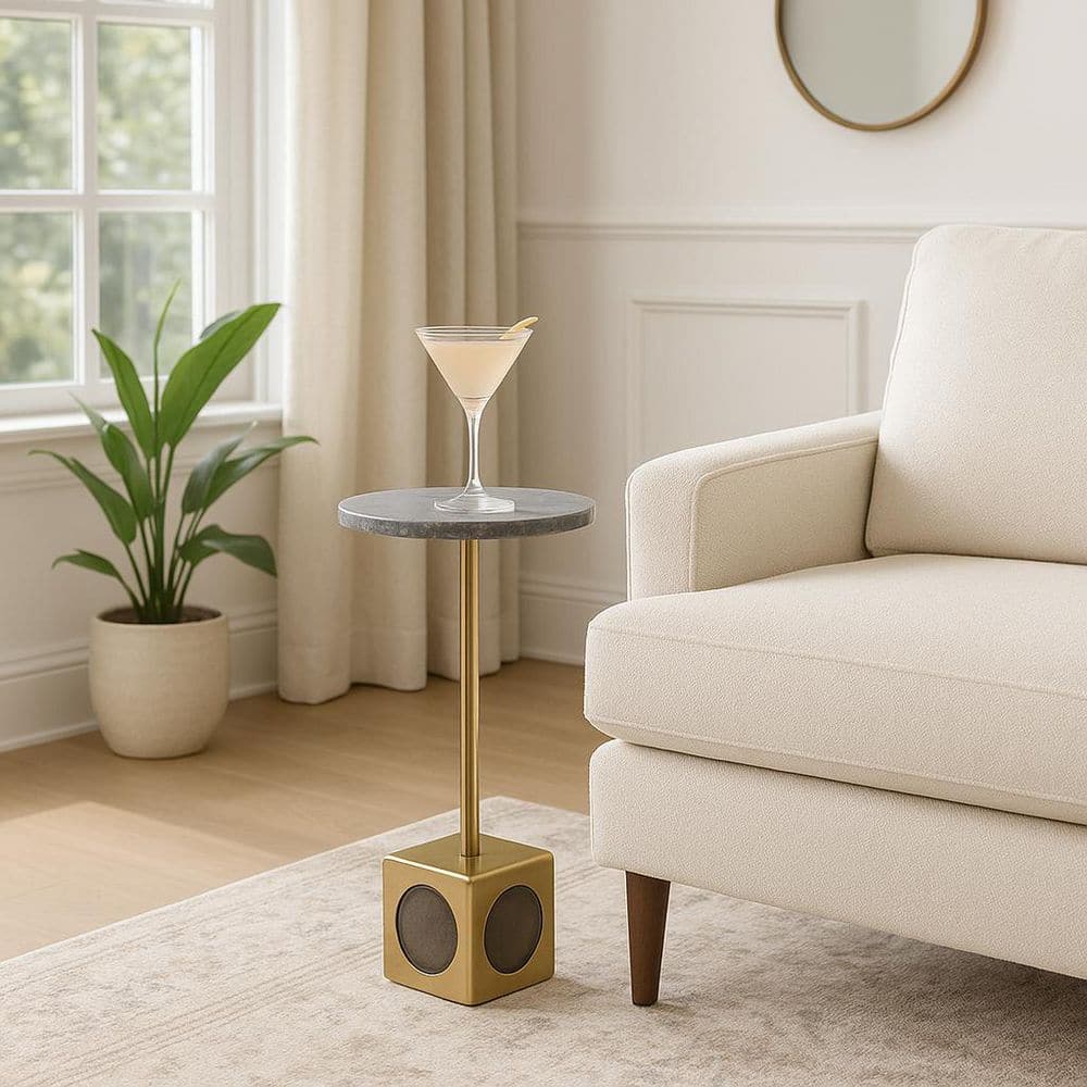 10 in. Gray Round Marble Stone Cocktail Accent End Table with Gold Metal Base