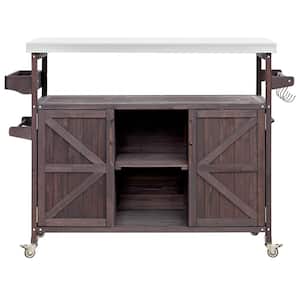 Farmhouse Rolling Dark Brown Stainless Steel Metal Top 50 in. Solid Wood Kitchen Island with Spice Rack and Towel Rack