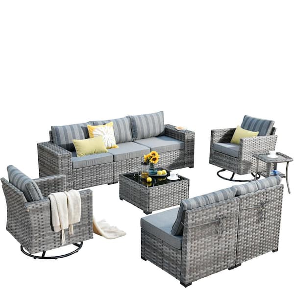 Baldwin Gray 9-Piece Wicker Wide Arm Outdoor Patio Conversation Sectional Set with Swivel Chair and Gray Striped Cushion