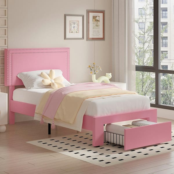 VECELO Platform Bed Frame Pink Metal Frame Twin Size Platform Bed with 1-Storage Drawer, Upholstered bed with Headboard