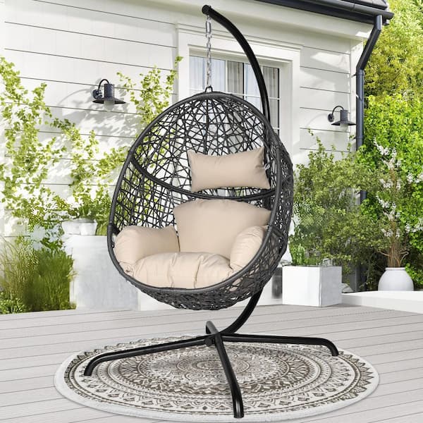 Unbranded Patio 1-Person Outdoor Beige PE Wicker Porch Swings Hanging Egg Chair with Cushions and Stand