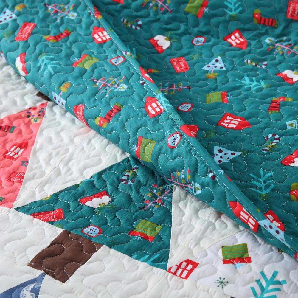 Blue Christmas Patchwork Cotton Queen Quilt Set