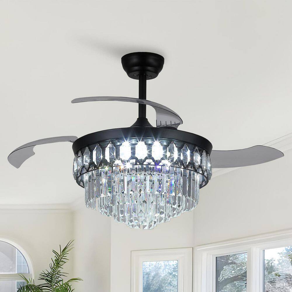 48 in. Modern Indoor Downrod Mount Black Crystal Ceiling Fan with Light Kit and Remote Control price history on PriceWatchPro