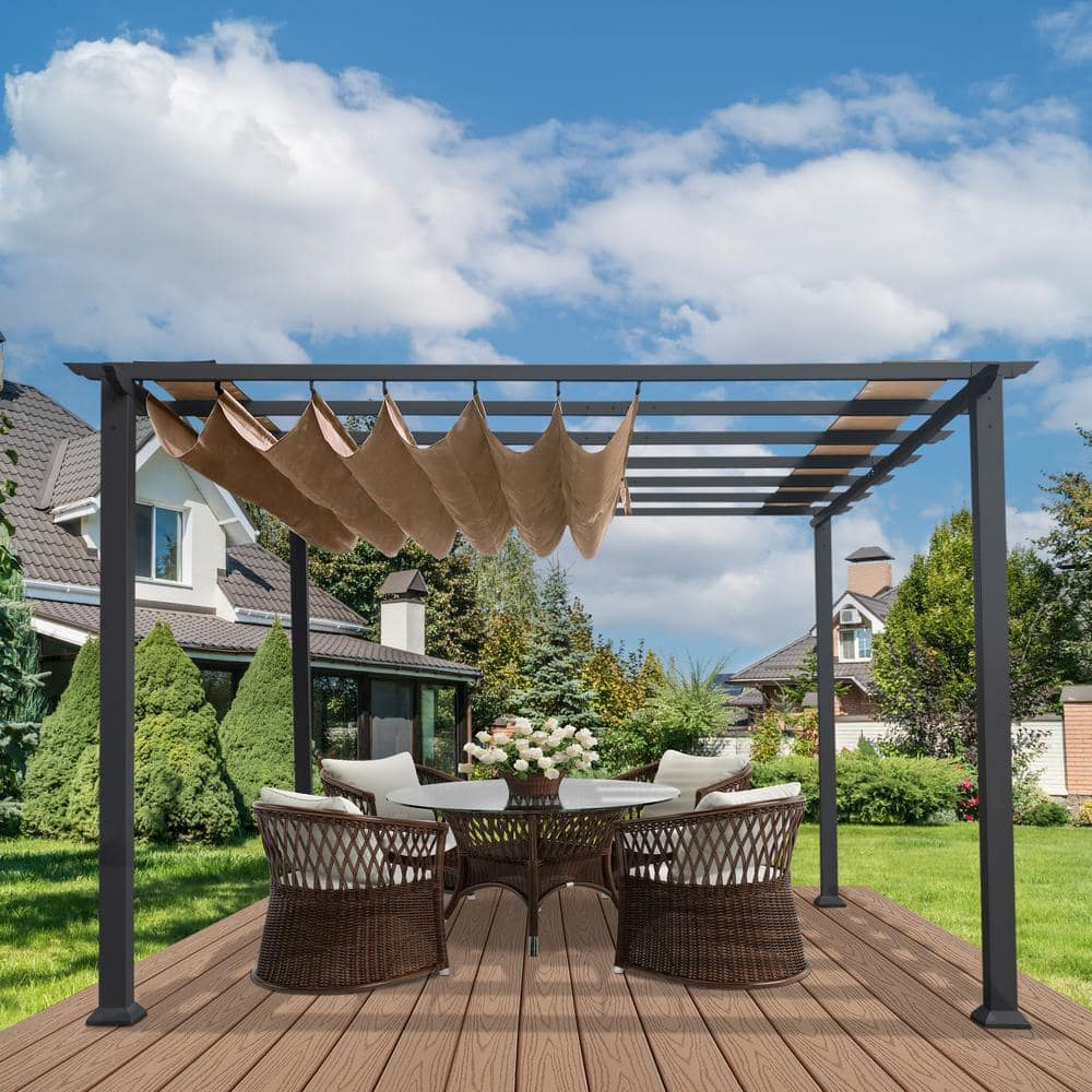 Florence Gray Aluminum Pergola with Cocoa Adjustable Canopy, 11' x 11'