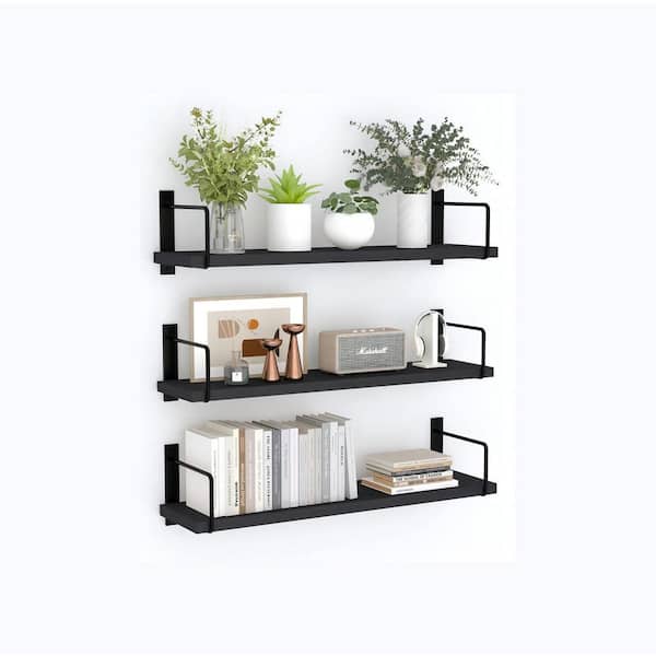 24 in. W x 6 in. D  Black Wood Decorative Wall Shelf,Set of 3