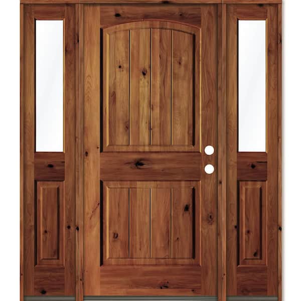 Krosswood Doors 70 in. x 80 in. Rustic Alder Arch Red Chestnut Stained Wood with V-Groove Left Hand Single Prehung Front Door