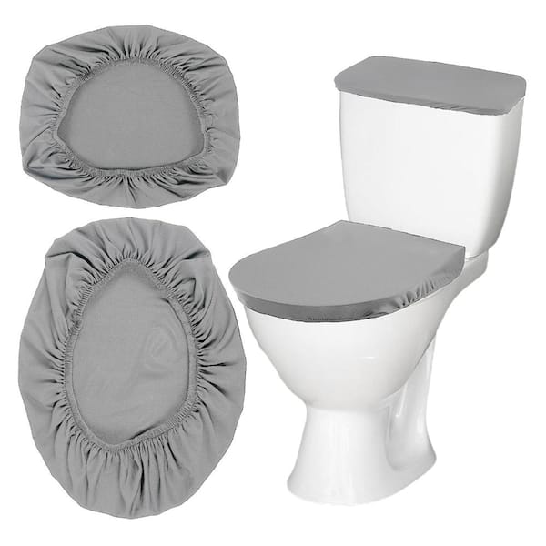 Grey 2-Piece Stretch Polyester Machine Washable Toilet Tank Cover Set with Elastic Fitted Bottom in Gray