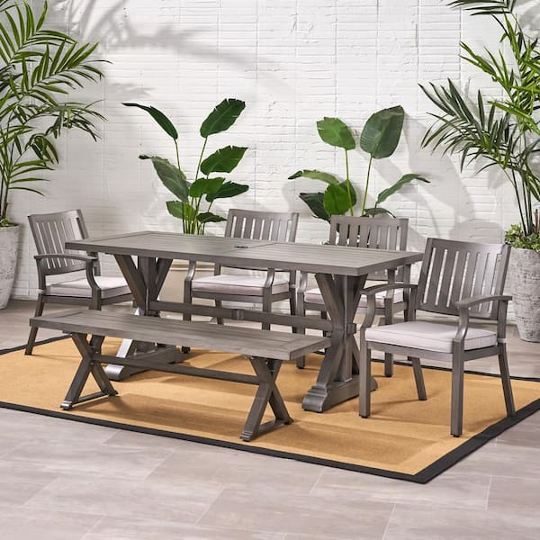 Lombok 29.50 in. Dark Grey 6-Piece Aluminum Rectangular Outdoor Patio Dining Set with Silver Cushions
