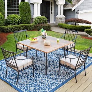 5-Piece Metal Patio Outdoor Dining Set with Brown Square Tabletop and Stylish Arm Chairs with Beige Cushion