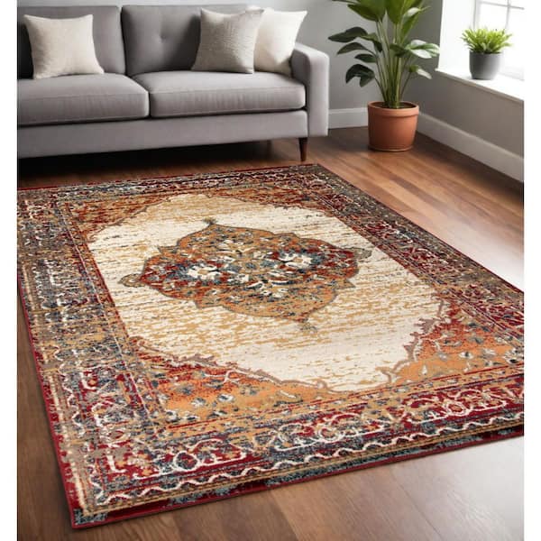 5 ft. x 8 ft. Ivory Red and Orange Medallion Power Loom Area Rug