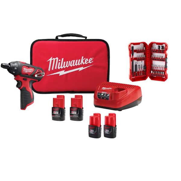 M12 12V Lithium-Ion Cordless 1/4 in. Hex Screwdriver Kit w/ (4) 1. 5Ah Batteries, Charger, Bag, and Bit Set