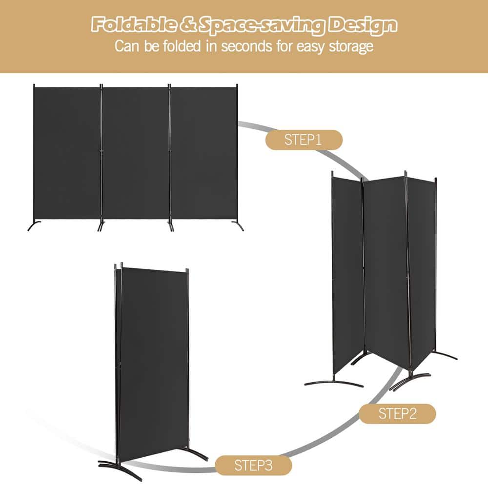 Black 3-Panel Folding Privacy Screen with Steel Frame