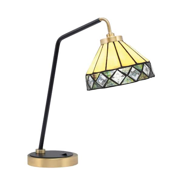 Toltec Lighting Delgado 16.5 in. Matte Black and New Age Brass Desk Lamp with Diamond Peak Art Glass