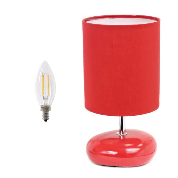 Simple Designs 10.24 in. Stonies Small Stone Look Table Bedside Lamp with LED Bulb for Bedroom, Nightstand, Living Room, Red