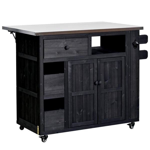 Black Outdoor Solid Wood Extendable Kitchen Cart with Steel Top