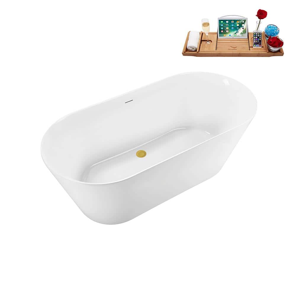 59.1'' Glossy White Freestanding Acrylic Soaking Bathtub with Brushed Gold Drain