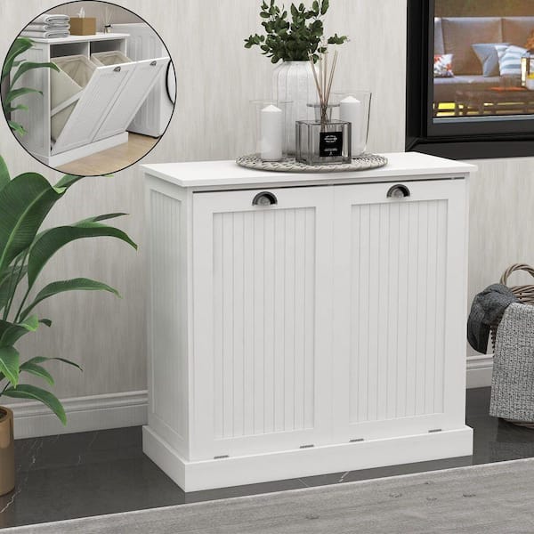 32.6 in. W x 14.5 in. D x 31.5 in. H MDF Assembled Tilt Out Trash Can Cabinet in White Laundry Hamper Cabinet w/Basket