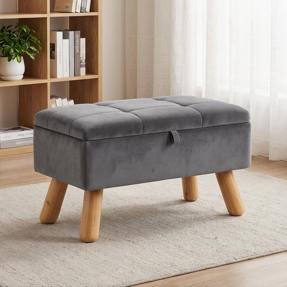 VECELO Gray Storage Ottoman Footrest Bench, Fabric Upholstered Entryway Shoe Bench with Wooden Legs, Footstool for Living Room