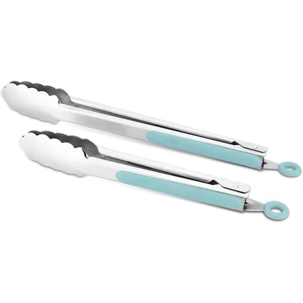 2 Pieces 9 in. and 12 in. Stainless Steel Kitchen Cooking Tongs Locking Food Tongs with Ergonomic Grip, Aqua Sky