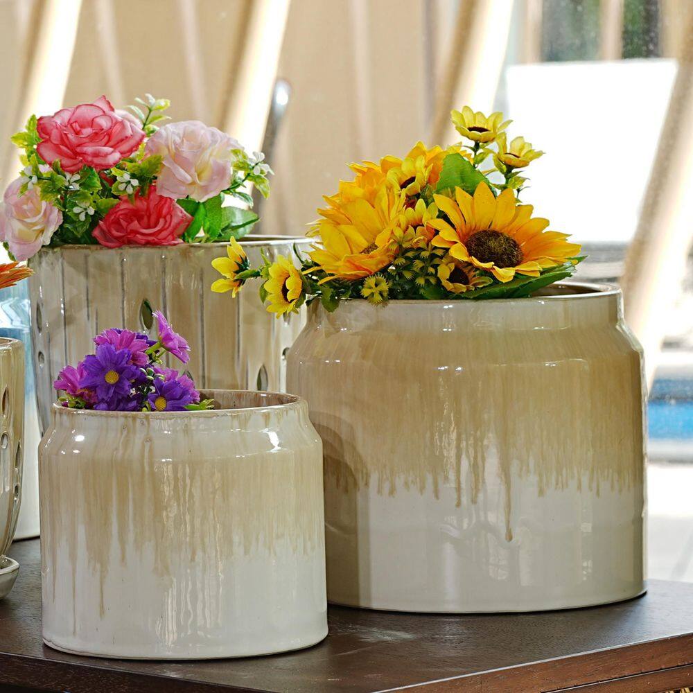 Set of 2 Handmade 5.12/7.28 in. H Brown White Drip Glaze Cylinder Ceramic Planters Non-Porous Pot for Aquatic Plants price history on PriceWatchPro