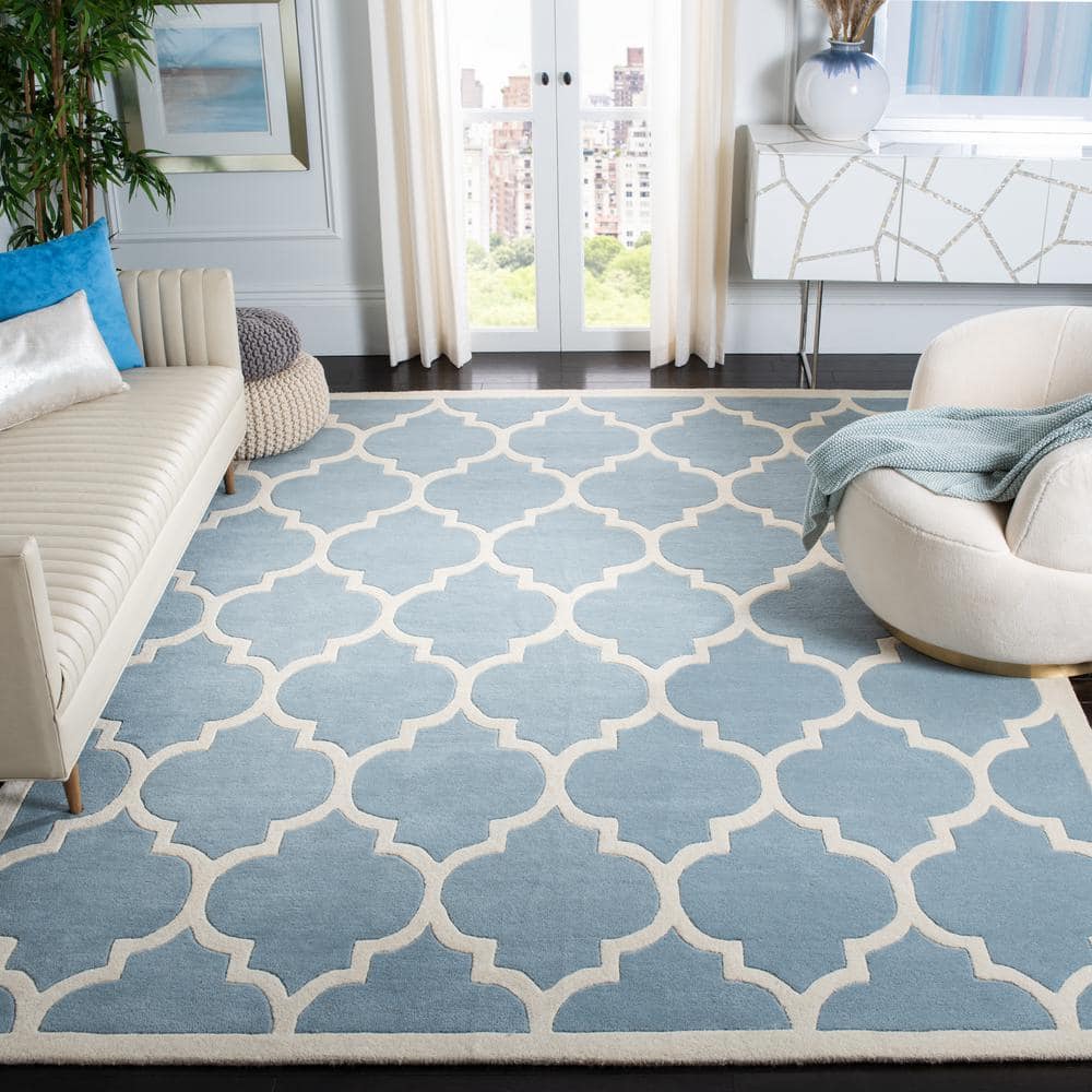 Blue and Ivory Geometric Hand-Tufted Wool Area Rug