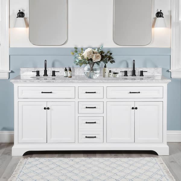 Windlowe 73 in. Double Sink White Bath Vanity with White Carrara White Marble Top and Additional Black hardware