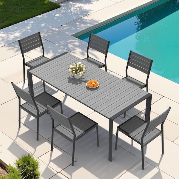 Gray 7-Piece Outdoor Aluminum Table Chair Set 71.42 in. Table Outdoor Dining Set with Umbrella Hole Patio Dinning Set