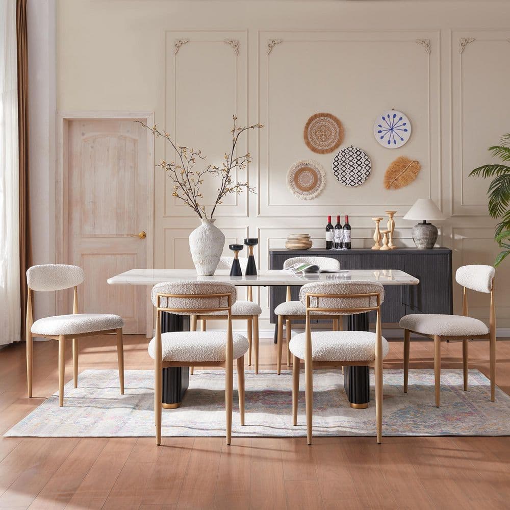 Morden Fort Modern 7-Piece Faux Marble Top Dining Table with Boucle ...