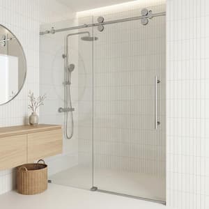 Elan 56 to 60 in. W x 74 in. H Frameless Sliding Shower Door in Stainless Steel in 3/8 in. (10 mm) Clear Glass