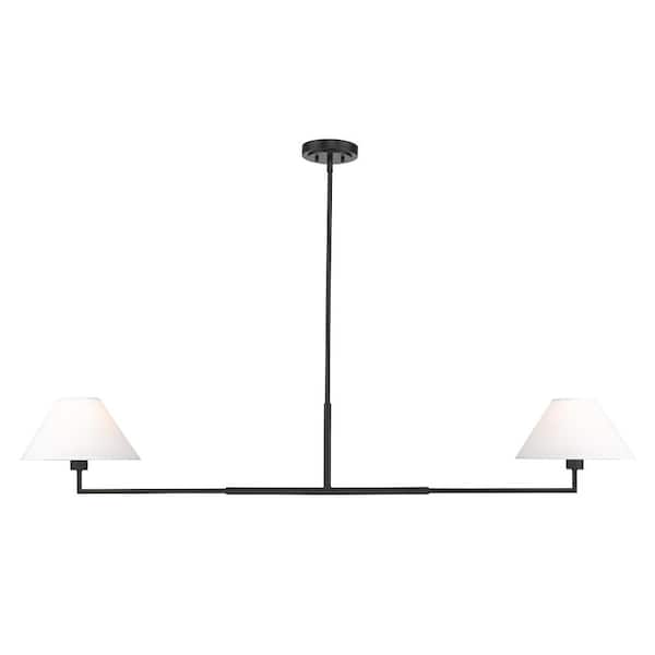 Unbranded Leila 2-Light Matte Black Chandelier with White Linen Fabric Shades