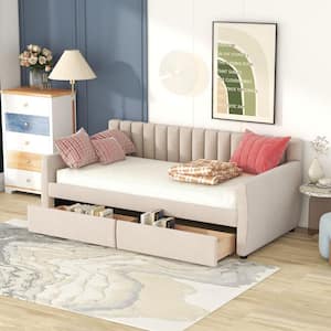Beige Velvet Tufted Upholstered Twin Daybed with Trundle, Twin Size Day Bed Frame with Drawers and Headboard