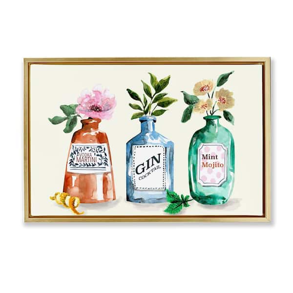 Stupell Industries Floral Alcohol Bottles by Kate Eldridge Gold Floater Frame Food Graphic Art Print 17 in. x 25 in.