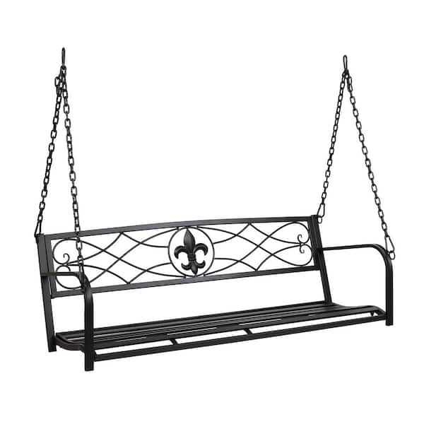 VINGLI 52 in. 2-Person Black Metal Porch Swing with Adjustable Safety Chains