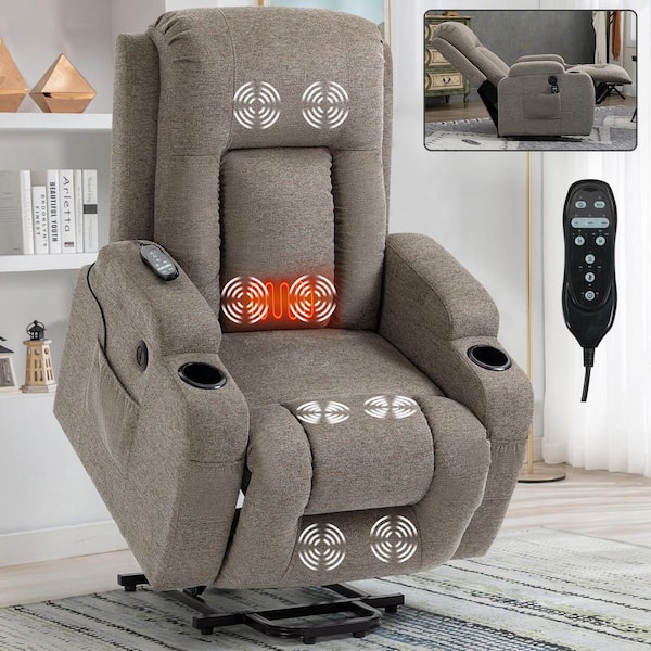 Brown Infinite Position Chenille Power Recliner Lift Chair for Elderly with Massage, Heat, and USB Port