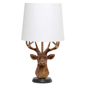 17.25 Copper Rustic Antler Deer Bedside Table Desk Lamp with Tapered Fabric Shade for Home Decor