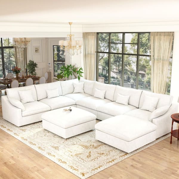 155.9 in. Square Arm 8-Piece Linen Down Feather Modular Free Combination Sectional Sofa with Ottoman in White