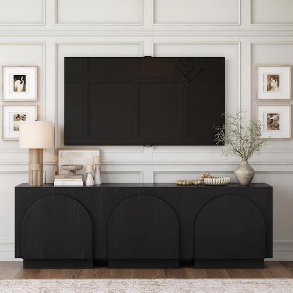 Nathan James Iris Black Oak 31 in. Mid-Century Modern Wooden Accent Cabinet with Adjustable Shelf and Arched Doors, Set of 3